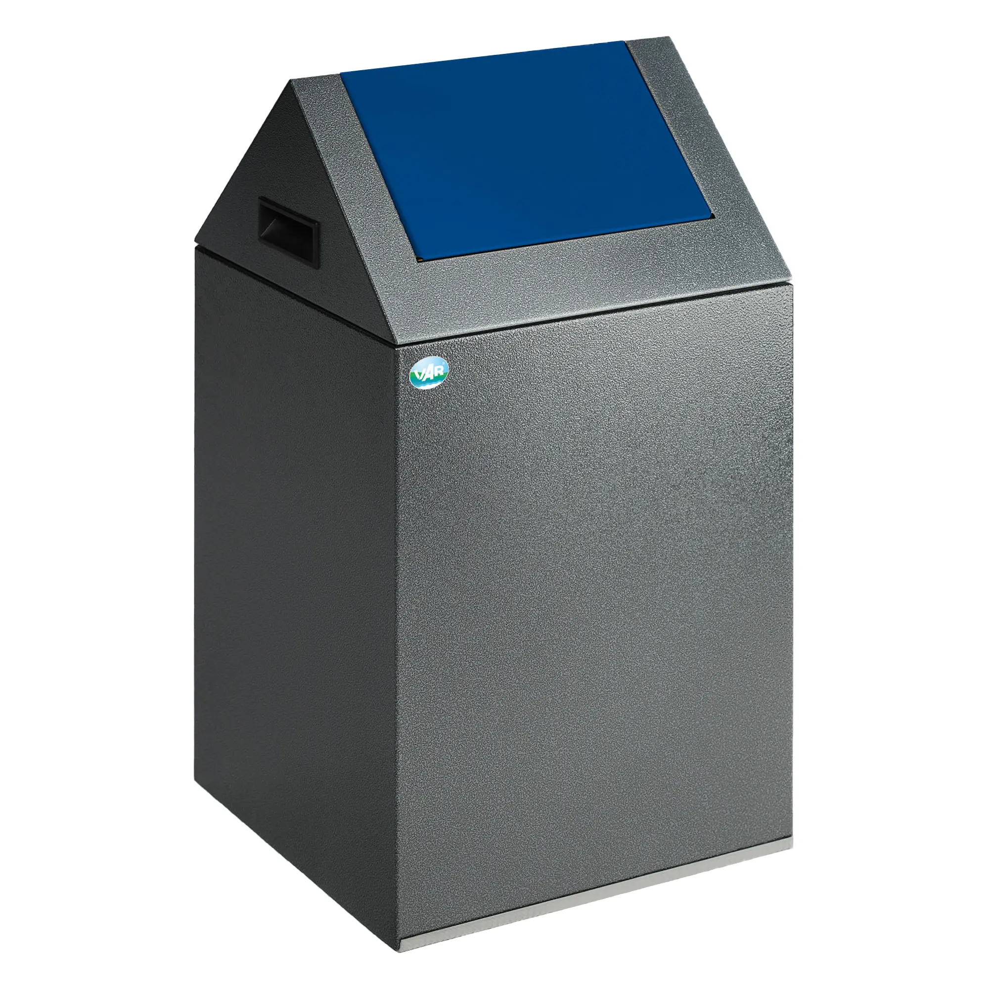 VAR Wertstoffsammelgerät WSG 40 S, 43 Liter antiksilber aus verzinktem Stahlblech mit blauer selbstschließender Pushklappe, feuerfest, TÜV-zertifiziert, VAR WSG40S