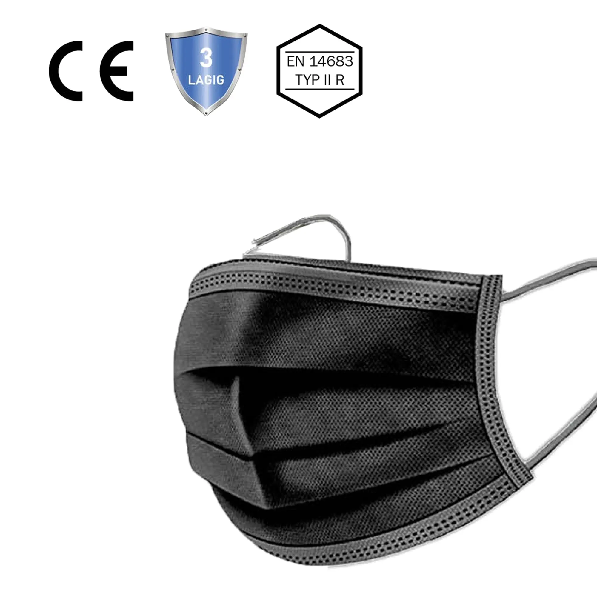 Kindermasken - Mundschutz für Kinder Typ II R 3-lagig 50 Stück von Sarima-Hygiene, schwarze medizinische Gesichtsmaske mit Ohrschlaufen und Nasenbügel, CE-zertifiziert nach EN 14683