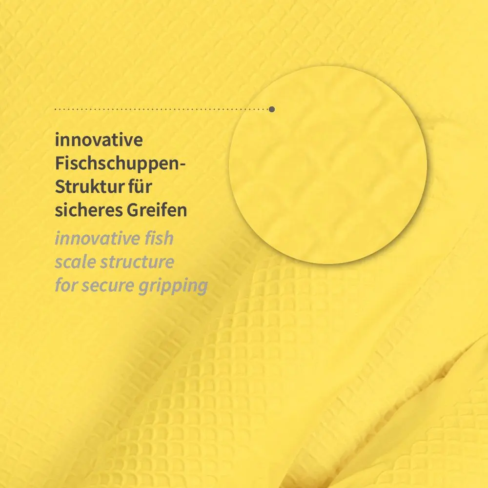 Hygostar Power Grip Nitrilhandschuhe gelb puderfrei mit innovativer Fischschuppen-Struktur für sicheren Griff in Gastronomie, Lebensmittelindustrie sowie bei Montage- und Wartungsarbeiten
