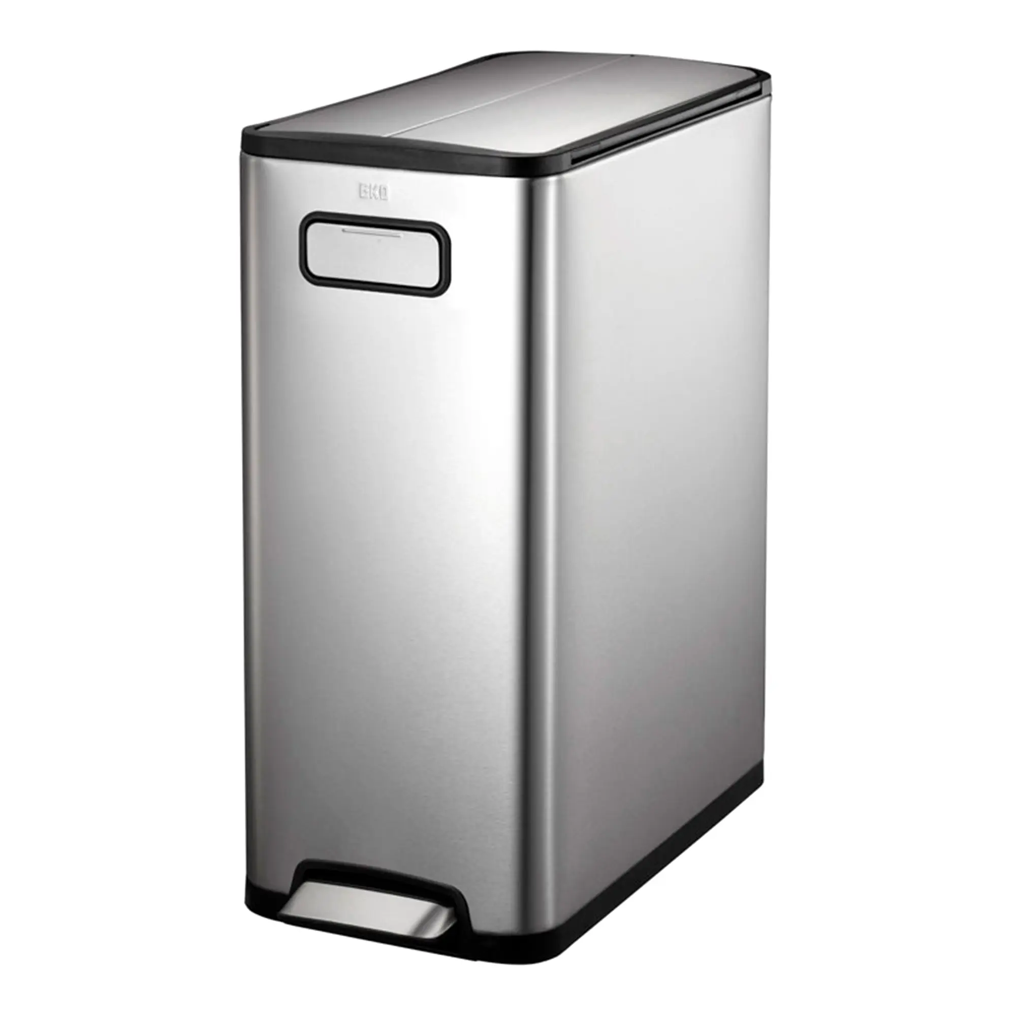 EKO Ecofly Tretmülleimer Edelstahl 30 Liter, schlanker rollbarer Pedalmülleimer mit zweigeteiltem Deckel und Frontgriff für Arbeitsplatten, Art.-Nr. EKO-Ecofly-30L