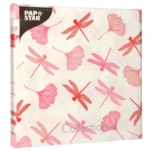 PAPSTAR Servietten, 3-lagig 1/4-Falz 40 x 40 cm rose "Ginko" mit rosa Libellen- und Ginkoblatt-Motiv, umweltfreundliche Tissue-Servietten FSC-zertifiziert, Art.-Nr. 88599