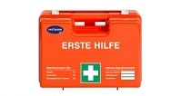 Erste Hilfe Koffer orange für Betrieb und Zuhause mit weißem Kreuz und Beschriftungsfeldern, kompakter Notfallkoffer, Artikelnummer 101