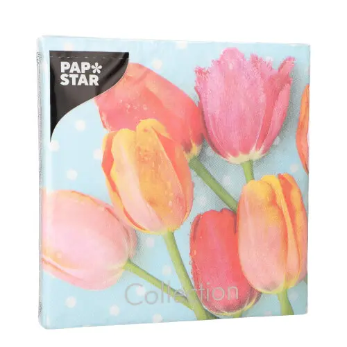 PAPSTAR Servietten, 3-lagig 1/4-Falz 33 x 33 cm "Bella Tulipa" mit buntem Tulpenmotiv auf hellblauem Hintergrund, FSC- und Nordic-Eco-zertifiziert, 15 x 20 Stück