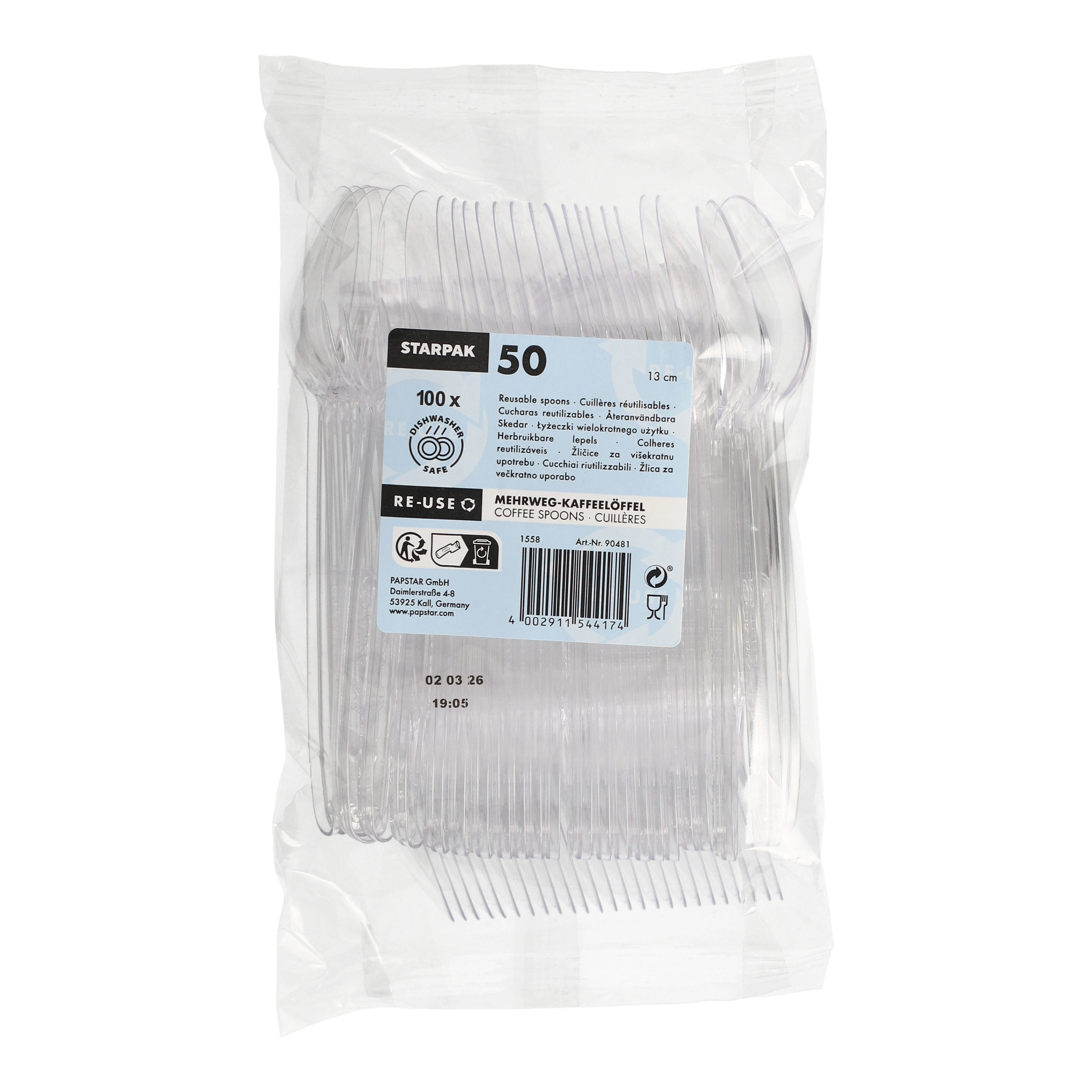 Starpak Mehrweg-Kaffeelöffel 13 cm transparent, 20 x 50 Stück von PAPSTAR im Polybeutel, robuste Polystyrol-Löffel für Gastronomie, Kantinen und Cafeterien, Art.-Nr. 90481