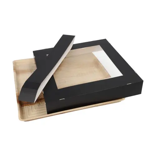 PAPSTAR Tabletts, Palmblatt eckig 5 cm x 29 cm x 29 cm mit separatem Kartondeckel mit Sichtfenster und Banderole, nachhaltige Menüteller für Caterer, Art.-Nr. 89495