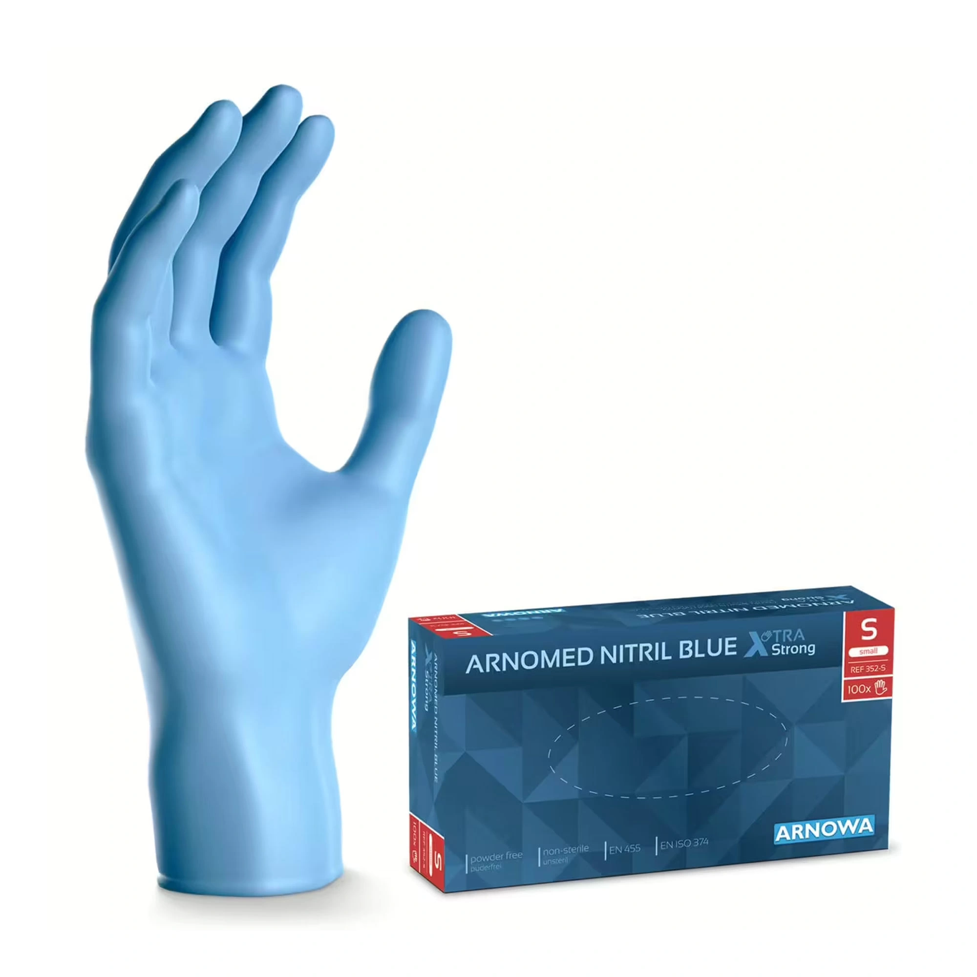 ARNOMED XTRA STRONG NITRIL BLUE Nitrilhandschuhe blau puderfrei, extra starke latexfreie Einmal-Untersuchungshandschuhe für Medizin, Pflege und Labor, VE 100 Stück, REF 352-S