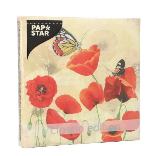 PAPSTAR Servietten, 3-lagig 1/4-Falz 33 cm x 33 cm Poppy Flowers mit rotem Mohnblumen-Dekor und Schmetterlingen, FSC-zertifizierte Papierservietten im Displaykarton