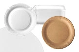 Papier Einwegteller rund weiß und braun mit passender Rechteckschale, nachhaltiges Einweggeschirr für Speisen, Artikelnummer 12345