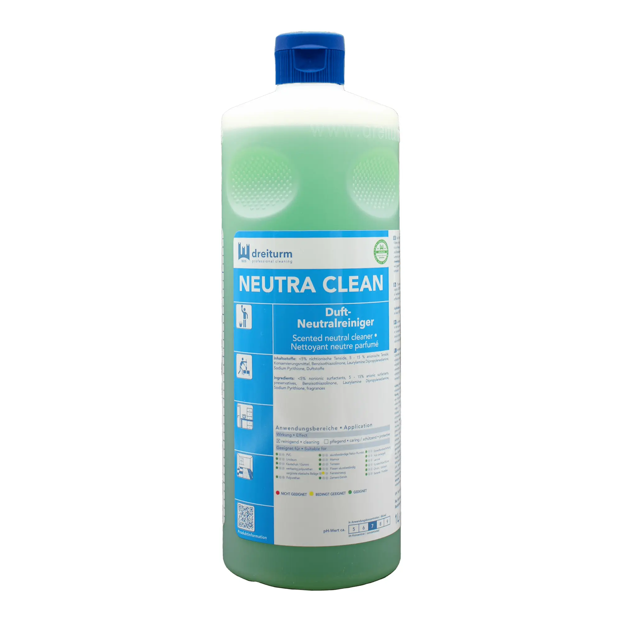 Dreiturm NEUTRA CLEAN Duft-Neutralreiniger in grüner 1-Liter-Flasche, universeller Neutralreiniger für abwaschbare Flächen, Böden, Glas und Geschirr, schonend und duftend