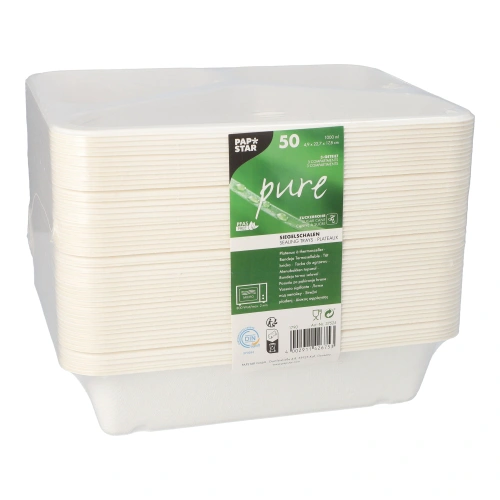 PAPSTAR Siegelschalen Zuckerrohr 3-geteilt 1000 ml 4,9 cm x 22,7 cm x 17,8 cm weiß, 6 x 50 Stück