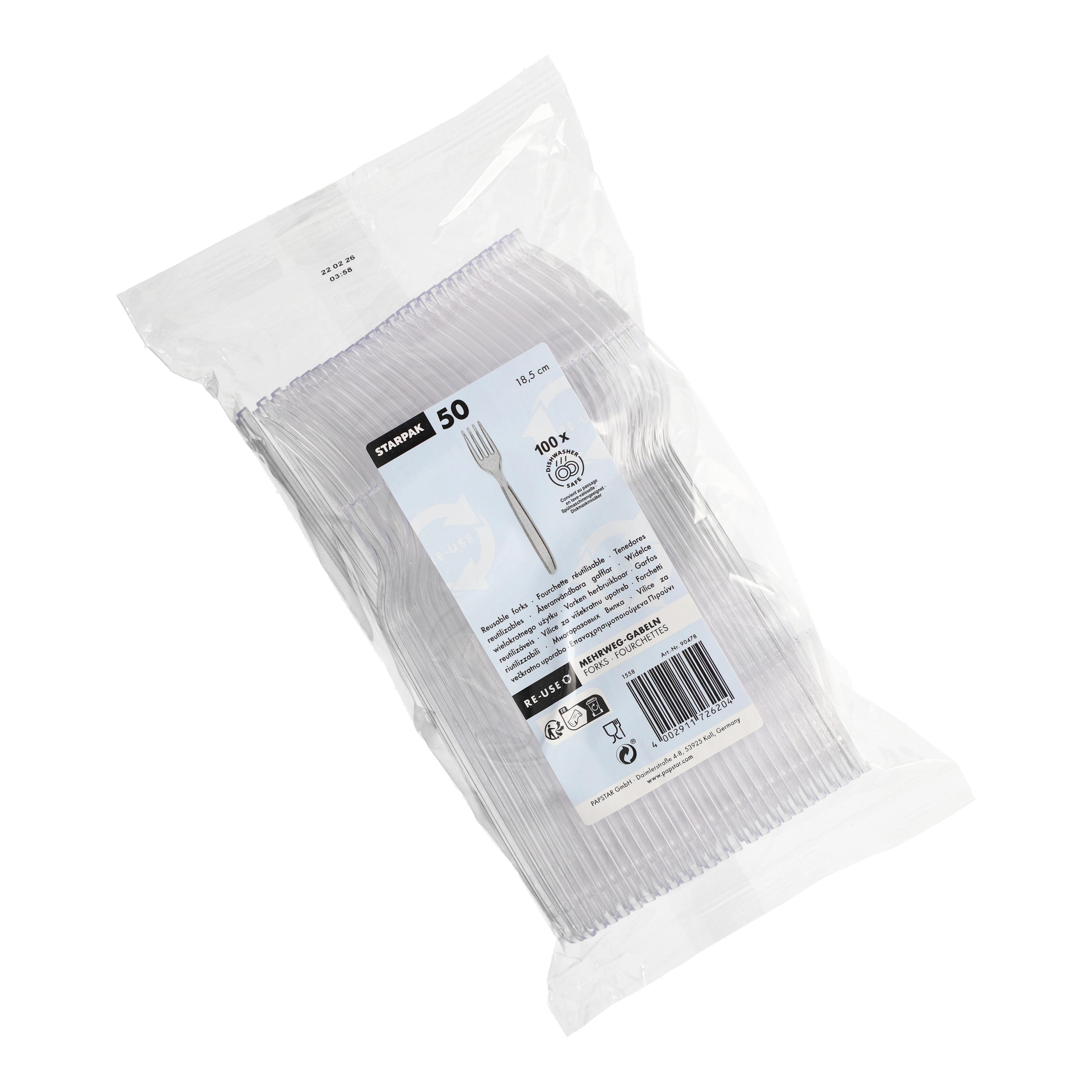 Starpak Mehrweg-Gabeln 18,5 cm transparent, 20 x 50 Stück von PAPSTAR, stabile wiederverwendbare Polystyrol-Gabeln im Beutel für Gastronomie, Kantinen und Veranstaltungen