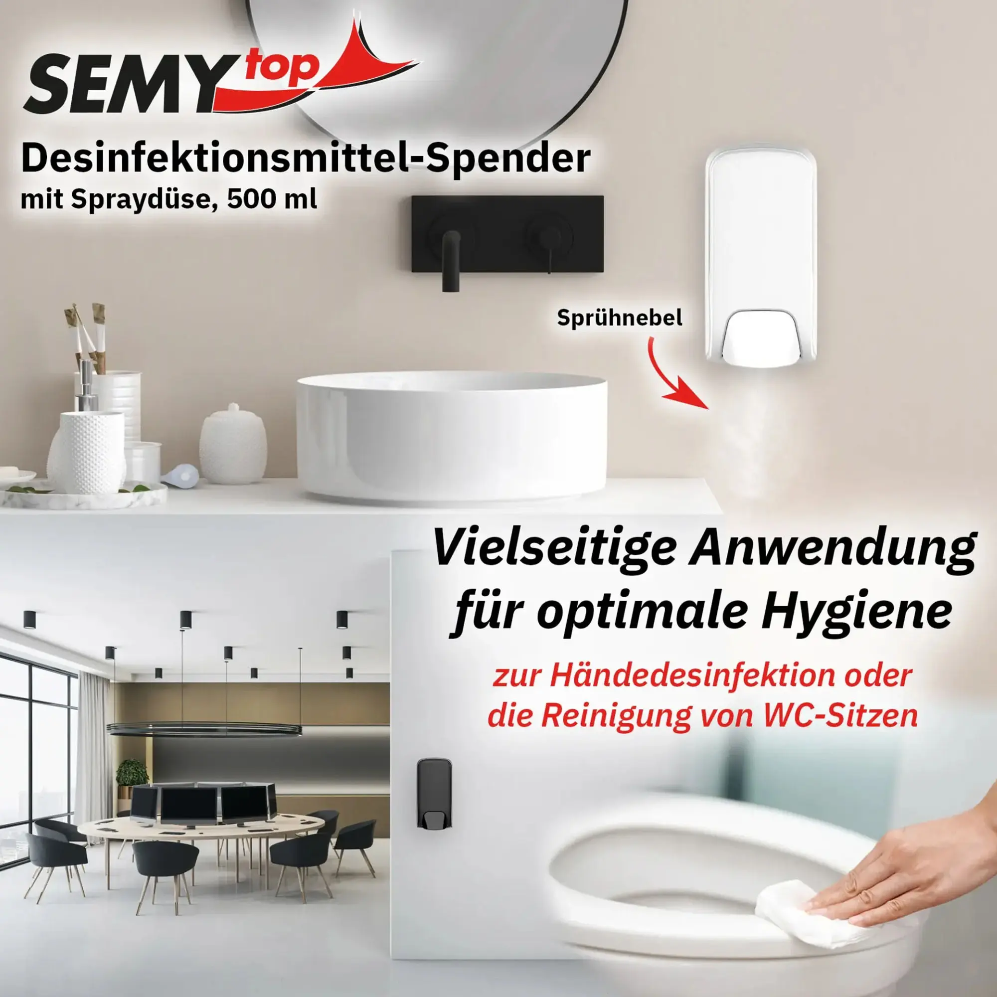 SEMYtop Desinfektionsmittelspender 500 ml Kunststoff aus der Black & White Hygienespender-Linie, wandmontierter Sprühspender zur Händedesinfektion und Reinigung von WC-Sitzen, frei nachfüllbar, erhältlich in Schwarz und Weiß