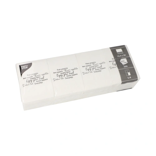 PAPSTAR Snackservietten "DAILY Collection" 1/4-Falz 24 cm x 16,5 cm weiß "Enjoy your Meal", 6 x 300 Stück