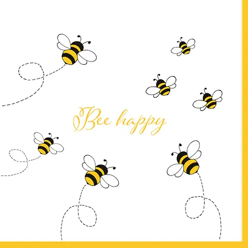 PAPSTAR Servietten, 3-lagig 1/4-Falz 33 x 33 cm "Bee Happy" mit gelb-schwarzem Bienenmotiv auf weißem Hintergrund, FSC-zertifizierte Tissue-Servietten für Feier und Geburtstag