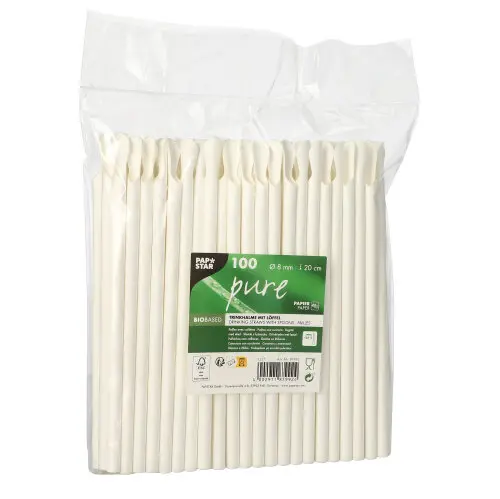 PAPSTAR Trinkhalme mit Löffel, Papier "pure" Ø 8 mm, 20 cm weiß im 100er-Pack, FSC-zertifizierte Papiertrinkhalme für Cocktails und Erfrischungsgetränke