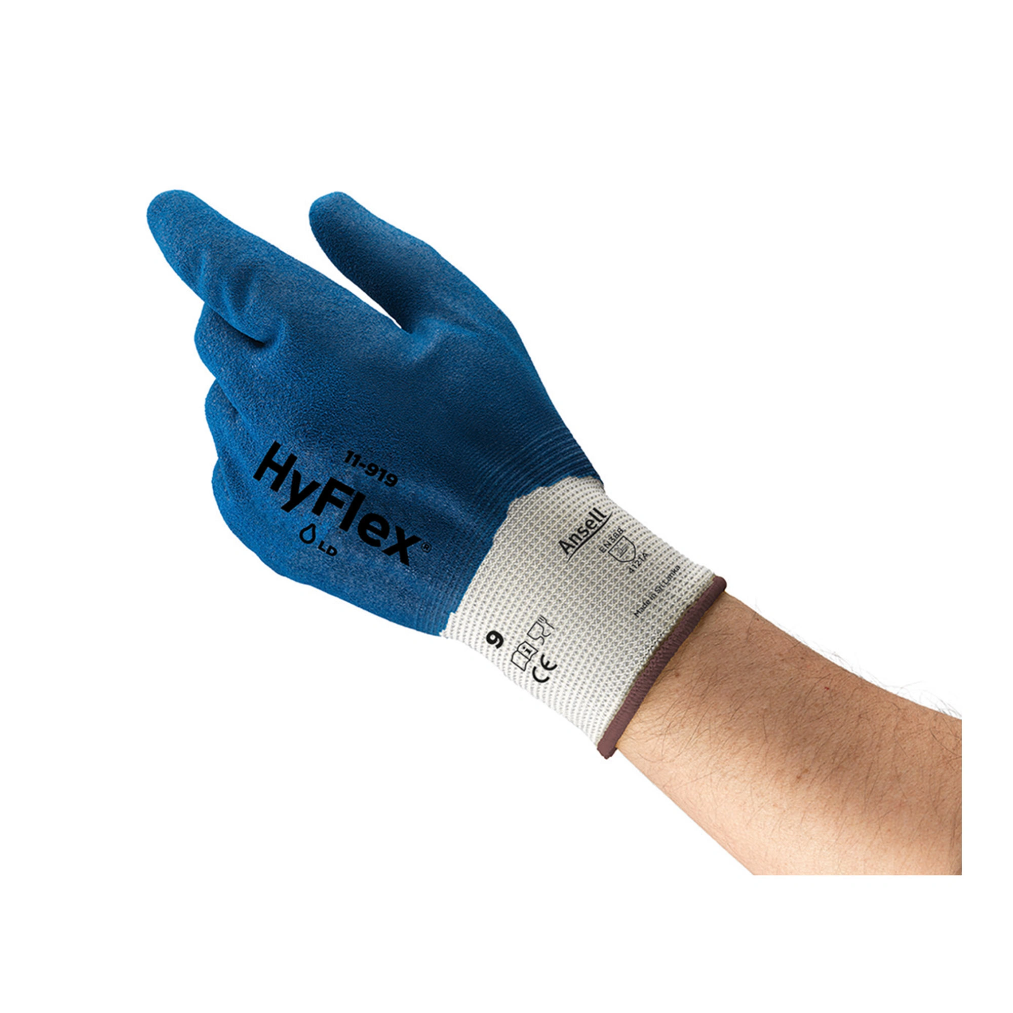 Ansell HyFlex 11-919 Mechanikschutzhandschuhe weiß/blau mit griffiger Nitril-Beschichtung für präzise Montage- und Lebensmittelarbeiten, VE 12 Paar, Art.-Nr. 11-919