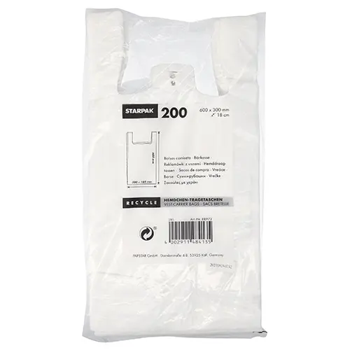 Starpak Hemdchen-Tragetaschen HDPE 60 cm x 30 cm x 18 cm weiß, robuste Tragetaschen bis ca. 12 kg, eingelegte Beutel im Block, Hersteller PAPSTAR, Art.-Nr. 39618N2
