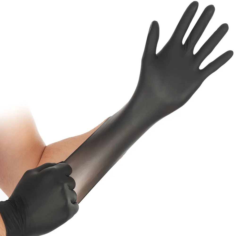Hygostar Safe Super Stretch Nitrilhandschuhe schwarz puderfrei, besonders dehnbarer langer Nitrilhandschuh für Medizin, Pflege, Labor und Lebensmittelbereich, VE 1000 Stück