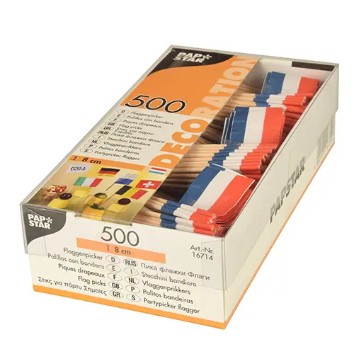 PAPSTAR Deko-Picker 8 cm "Niederlande" mit niederländischer Flagge, Holzspieße im 500er Karton für Party, Buffet und Snacks, Art.-Nr. 16714