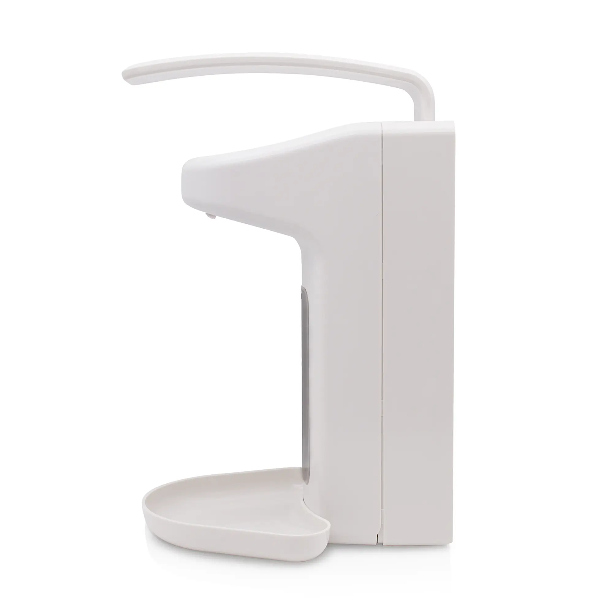 Universal Armhebelspender Kunststoff, weiß für 500ml / 1000ml Euroflaschen mit Abtropfschale von Sarima-Hygiene, seitliche Ansicht