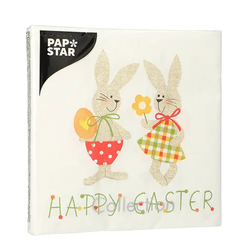 PAPSTAR Servietten 3-lagig 1/4-Falz 33 x 33 cm „Bunny Couple“ mit zwei Osterhasen und Happy-Easter-Aufdruck, umweltfreundliche Tissue-Servietten FSC-zertifiziert, 15 x 20 Stück