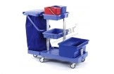 Reinigungswagen blau mit Wäschesack, Ablageflächen, Eimern und Rollen für professionelle Unterhaltsreinigung, Artikelnummer RW-106162