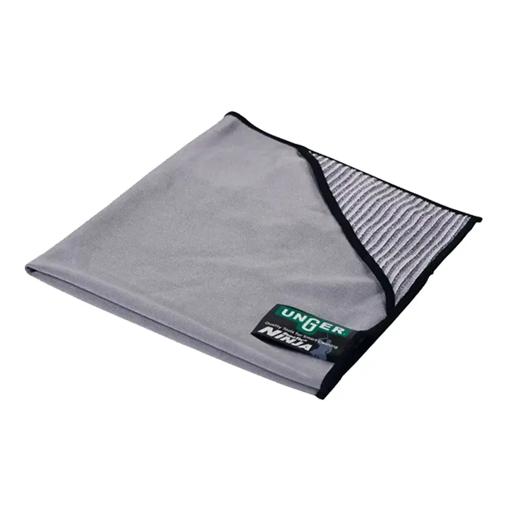 Unger ErgoTec Ninja Advanced Set 4in1 Glasreinigungsset – graues Unger MicroWipe Mikrofasertuch mit schwarzer Umrandung für professionelle Glas- und Fensterreinigung