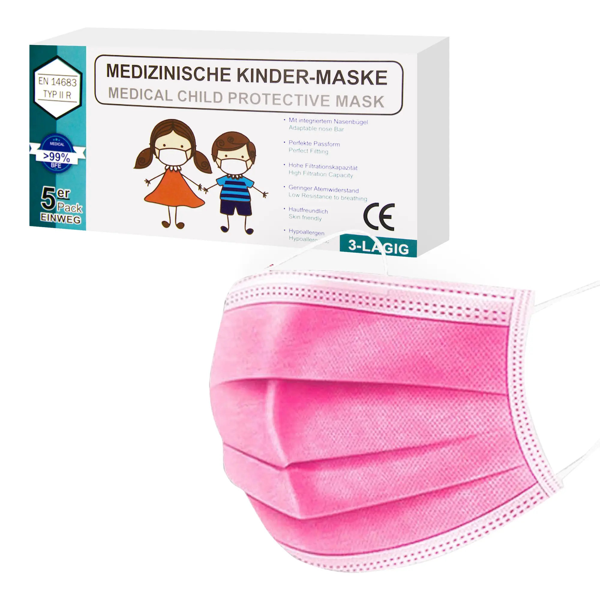 Kindermasken - Mundschutz Kinder Typ II R 3-lagig 50 Stück rosa GL52602-24D_1