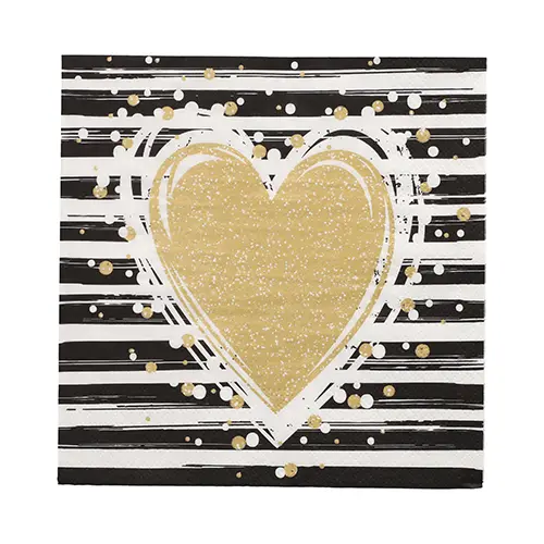 PAPSTAR Servietten, 3-lagig 1/4-Falz 33 x 33 cm Sparkling Heart mit goldenem Herz und Punkten auf schwarz-weißen Streifen, umweltfreundliche Papierservietten für festliche Anlässe