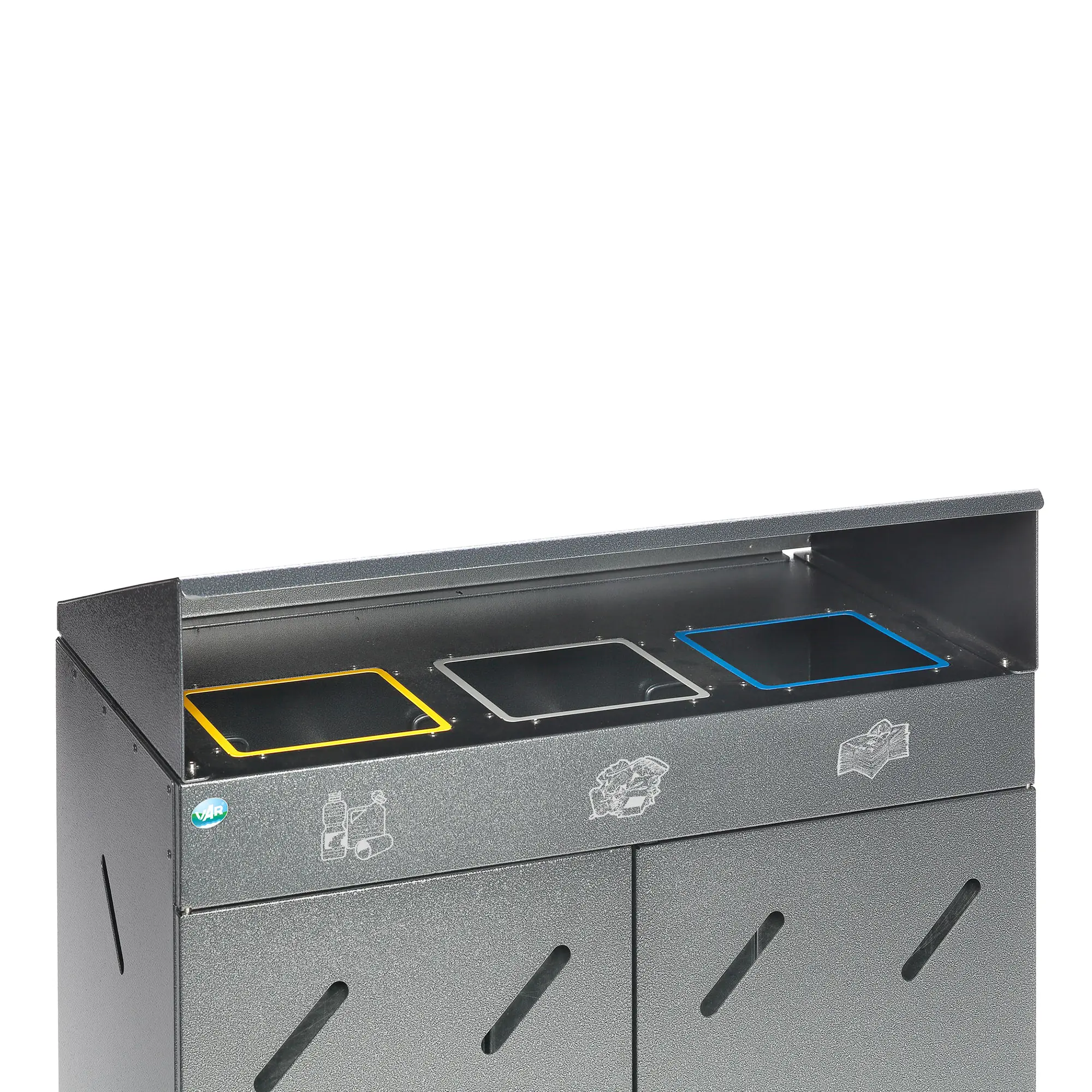 VAR Wertstoffsammelstation WS 89, 3 x 100 Liter von VAR mit drei farblich gekennzeichneten Einwurföffnungen für Restmüll, Papier und Wertstoffe, verzinktes Stahlblech, Artikelnummer WS 89