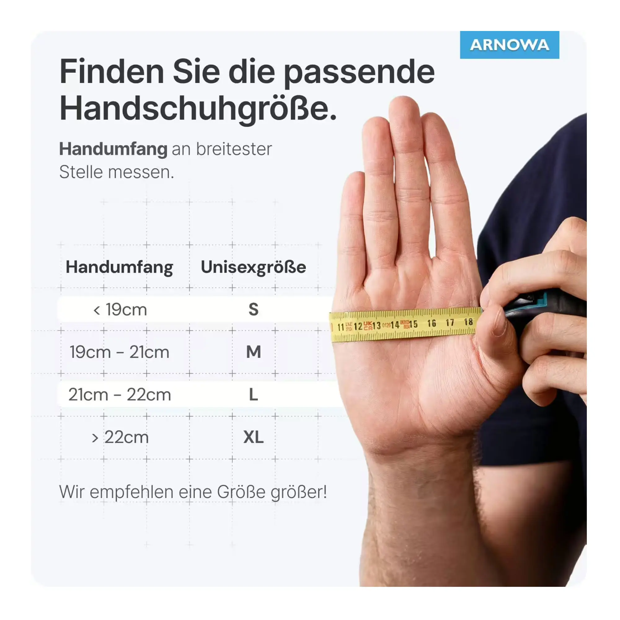 ARNOMED CLASSIC VINYL PF Vinylhandschuhe transparent puderfrei, Anleitung zur Größenermittlung mit Handumfang-Messung und Unisex-Größentabelle für S, M, L, XL