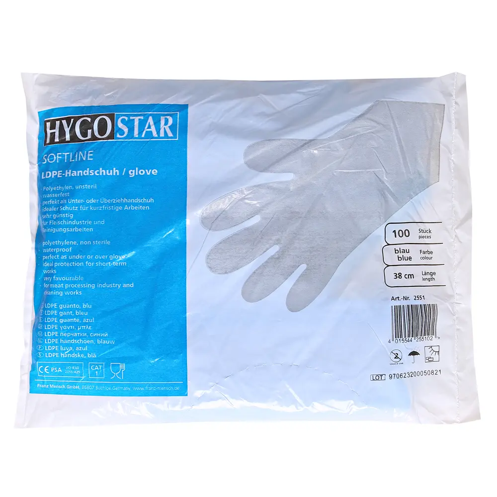 Hygostar Softline LDPE-Handschuhe, puderfreie Einmalhandschuhe aus schwerem LDPE in blau für hygienische Arbeiten in Lebensmittelindustrie und Reinigung, VE 5000 Stück, Art.-Nr. 2551
