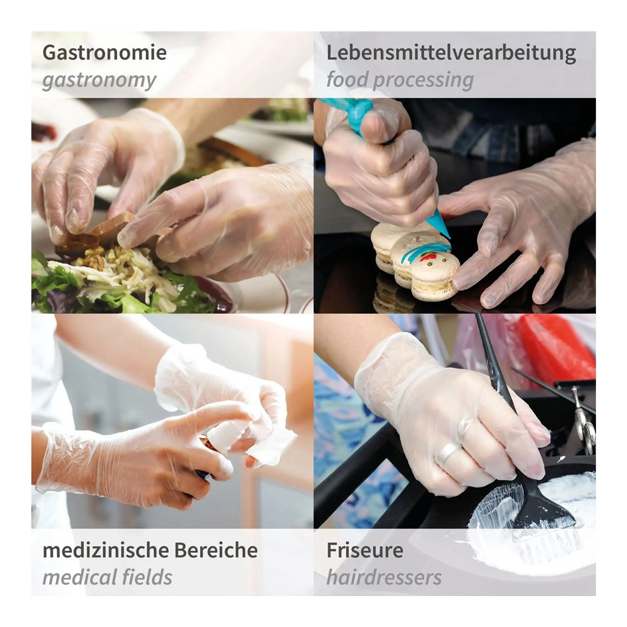 Hygonorm Ideal Light Vinylhandschuhe transparent puderfrei von Hygonorm im Einsatz bei Salatzubereitung, Dekorieren von Gebäck, Desinfektion im medizinischen Bereich und Haarfärben im Friseursalon
