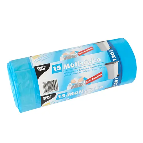 Starpak Müllsäcke mit Zugband, LDPE 120 l 100 cm x 70 cm blau von PAPSTAR, stabile Müllbeutelrolle für 120 Liter, Artikel 14195