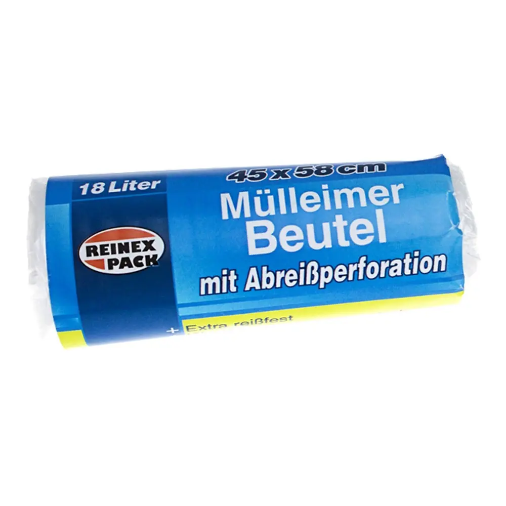 Reinex Pack Mülleimer Beutel extra reißfest 18 Liter, weiß, 7 my, HDPE-Müllbeutelrolle 45 x 58 cm mit Abreißperforation für Haushalt und Büro