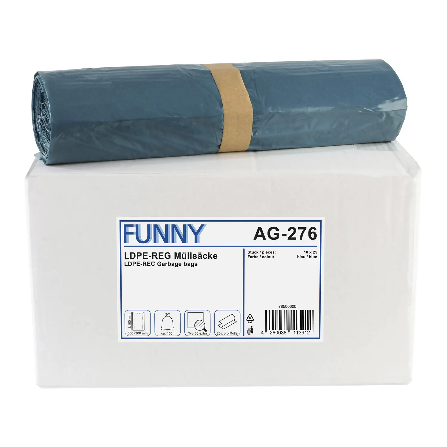 FUNNY LDPE-Regenerat Müllsäcke mit Seitenfalten 160 Liter, blau, 35 my (Typ 60 extra) auf Karton mit Rolle, recyclingstark, Artikelnummer AG-276