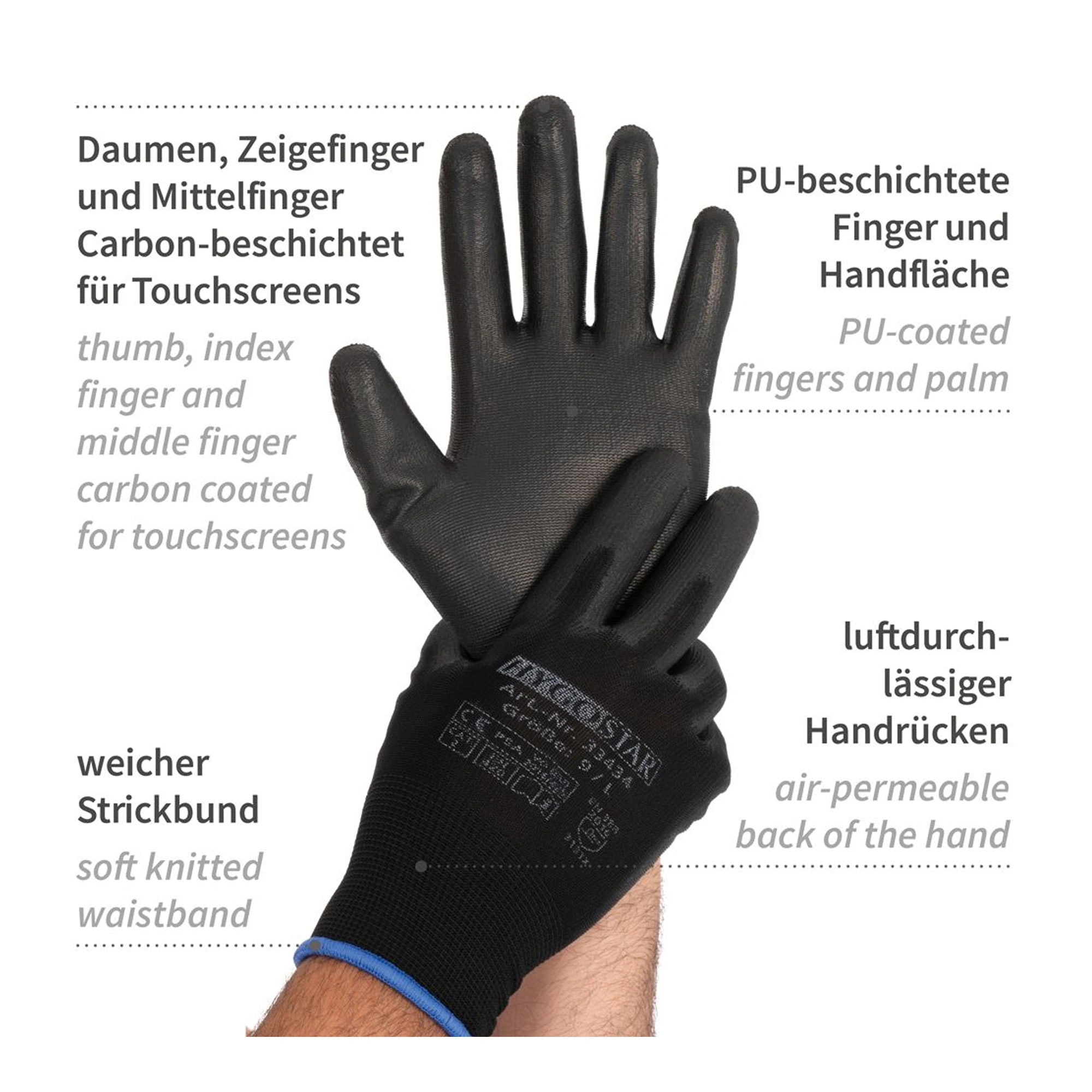 Hygostar Black Ace Touch Feinstrickhandschuhe mit Polyurethan-Beschichtung schwarz, VE 120 Paar