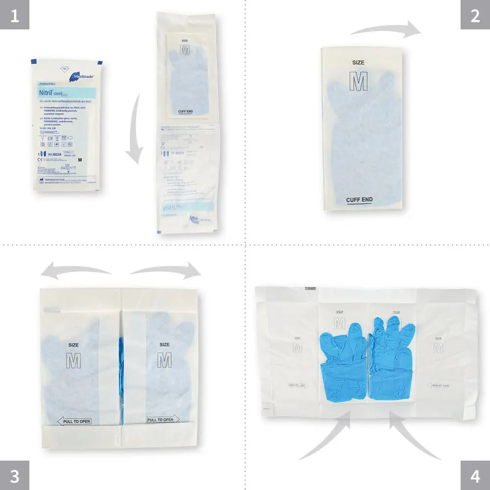 Meditrade Nitril steril Untersuchungshandschuhe blau puderfrei, VE 200 Paar, Schritt-für-Schritt-Darstellung des Öffnens der sterilen Verpackung und Entnahme der blauen Nitrilhandschuhe, Größe M