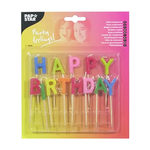 PAPSTAR Buchstabenkerzen-Set 8 cm "Happy Birthday" in bunten Farben auf Blisterkarte, ideale Geburtstagskerzen für Torten und Kuchen, Art.-Nr. 19559