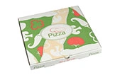 Pizzakarton bunt bedruckt mit grün-rotem Gemüse-Motiv und Aufschrift Pizza, flacher quadratischer Karton für heiße Pizzen