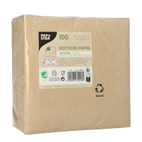 PAPSTAR Servietten, 3-lagig 1/4-Falz 33 cm x 33 cm natur aus recyceltem Tissuepapier, FSC- und Nordic-Ecolabel-zertifiziert, Packung mit 100 Stück, Artikelnummer 87745