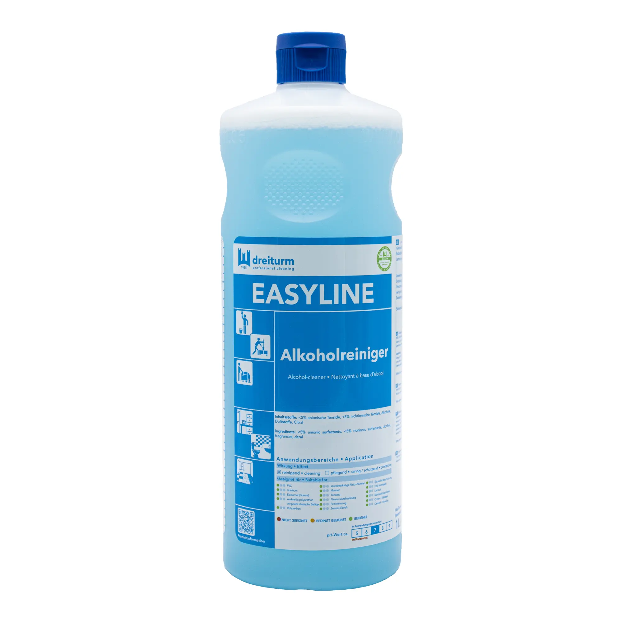 Dreiturm EASYLINE Alkoholreiniger, pH-neutraler Alkoholreiniger für streifenfreie Reinigung von wasserbeständigen Oberflächen, beschichteten Bodenbelägen und Laminat