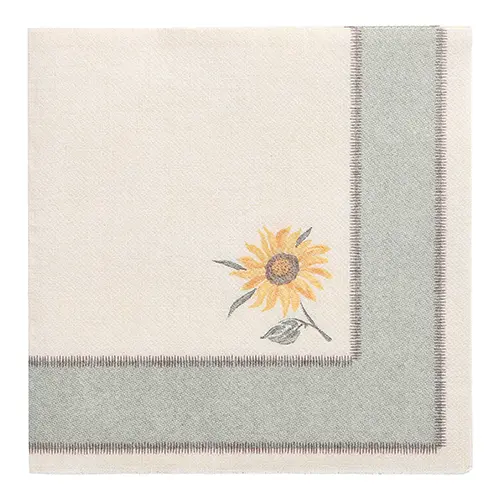 PAPSTAR Servietten ROYAL Collection Sunflower 1/4-Falz 40 x 40 cm, cremefarbene Tissue-Serviette mit grünem Rand und Sonnenblumen-Motiv, kompostierbar, FSC-zertifiziert, Art.-Nr. 89158