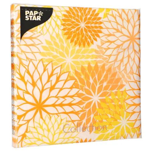PAPSTAR Servietten, 3-lagig 1/4-Falz 40 x 40 cm gelb "Floralies" mit gelb-orangenem Blumenmuster, FSC-zertifizierte Tissue-Servietten für festliche Tischdekoration