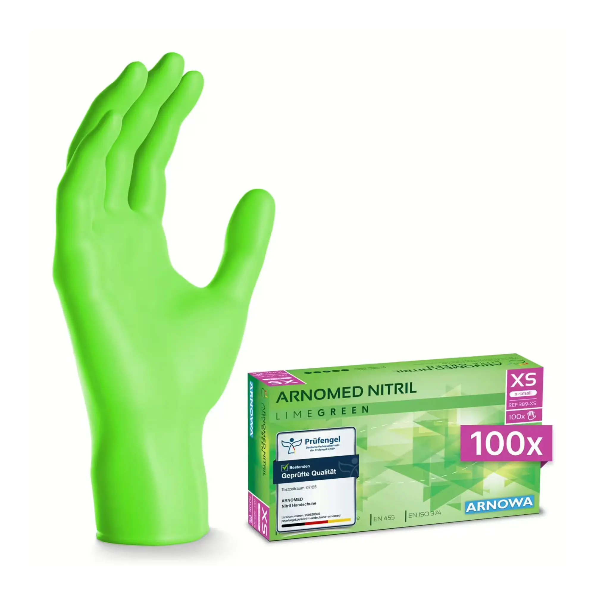 ARNOMED NITRIL LIMEGREEN Einweghandschuhe XS, limegrüne, puderfreie Nitrilhandschuhe, latexfrei, 100 Stück für Hygiene, Pflege und Medizin, Größe XS, REF 390-XS