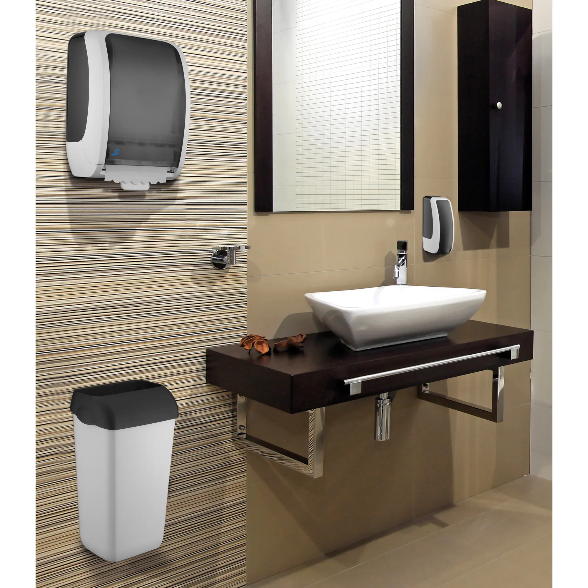 Cosmos Sensor Handtuchrollenspender von JM Metzger, automatischer berührungsloser Handtuchrollenspender an der Wand in modernem Waschraum mit Waschtisch und Kosmetikeimer