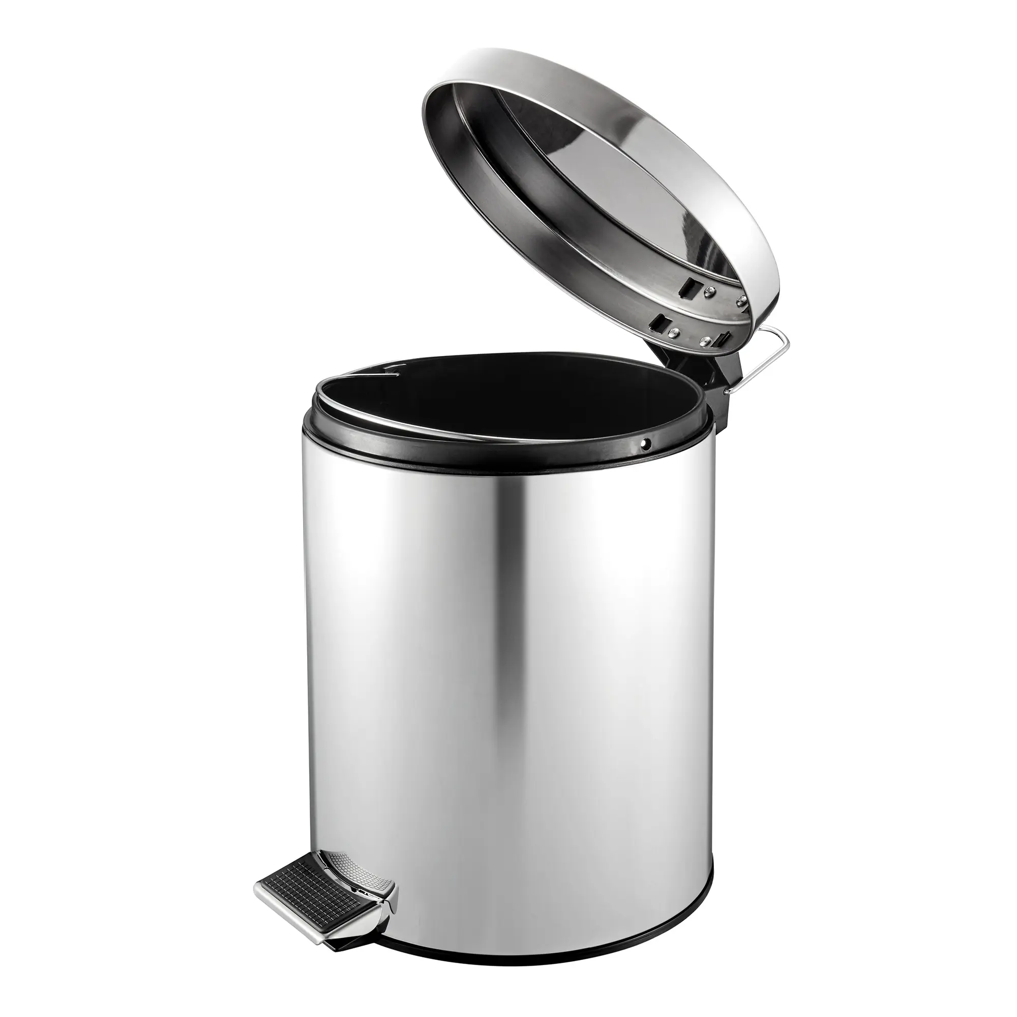 V-Part Tretabfalleimer 5 Liter aus glänzendem Edelstahl mit geöffnetem Deckel, herausnehmbarem Inneneimer und Fußpedal