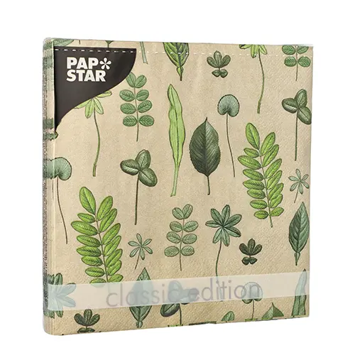 PAPSTAR Servietten, 3-lagig, 1/4-Falz, 33 x 33 cm Botanical Fantasy mit grünem Blättermotiv auf braunem Hintergrund, umweltfreundliche Tissue-Qualität
