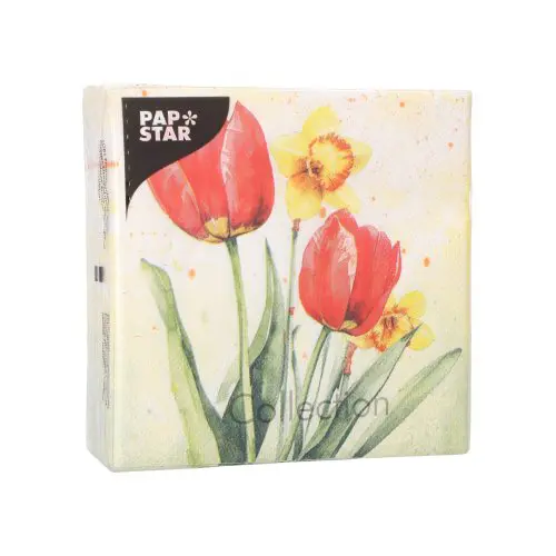 PAPSTAR Servietten, 3-lagig 1/4-Falz 25 x 25 cm "Tulips & Daffodils" mit Tulpen- und Narzissenmotiv, FSC- und Nordic-Ecolabel-zertifiziert, 12 x 50 Stück