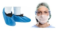 Einweg-Überschuhe in Blau und medizinische Schutzkleidung mit Maske und Schutzbrille, ideal für Praxis und Klinik, Artikelnummer